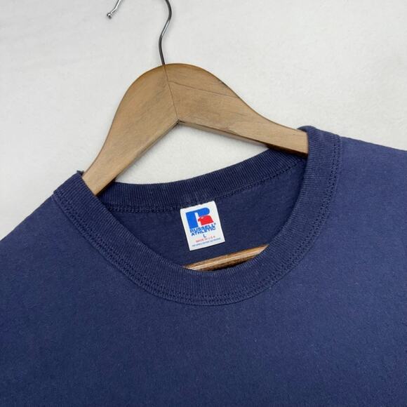 Vintage Russell Athletic Blank Shirt mens Large Blue Navy Solid Crewneck 90s USA - Picture 1 of 7